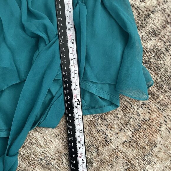Nordstrom NU Collective NWT Ruffle Silk Blouse S Teal Blue V-neck Tie Waist $174 - Picture 8 of 9